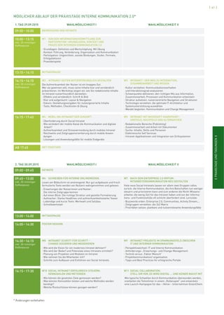 ISCMI
[ 41 ]
IPRAXISTAGEUNDTAGUNGENI
1. TAG 29.09.2015 WAHLMÖGLICHKEIT I WAHLMÖGLICHKEIT II
09:00–10:00 BEGRÜSSUNG UND KEYNOTE
10:00–13:15
inkl. 30-minütiger
Kaffeepause
W1 VON DER INFORMATIONSVERMITTLUNG ZUR
PARTIZIPATION–GRUNDLAGEN, KONTEXT UND
PRAXIS DER INTERNEN KOMMUNIKATION 2.0
› Grundlagen: Deﬁnition und Wertschöpfung. Mit Übung
› Kontext: Führung, Veränderung, Organisation und Kommunikation
› Partizipation: Ungleichheit, soziale Bindungen, Stufen, Formate,
Erfolgsfaktoren
› Praxisbeispiele
13:15–14:15 MITTAGSPAUSE
14:15–16:15
inkl. 30-minütiger
Kaffeepause
W2 INTRANET-SEITEN NUTZERFREUNDLICH GESTALTEN
Die Aufmerksamkeit der Nutzer ist ein knappes Gut.
Wer sie gewinnen will, muss seine Inhalte klar und verständlich
präsentieren. Im Workshop zeigen wir, wie Sie redaktionelle Inhalte
im Intranet nutzerfreundlich darstellen:
› Effektiv und verständlich: Schrift & Bild
› Klar und aufgeräumt: Layout & Navigation
› Exkurs: Gestaltungsvorgaben für nutzergenerierte Inhalte
› Tools, Methoden, Checklisten & Übung
W3 INTRANET–DER WEG ZU INTERAKTION,
ZUSAMMENARBEIT UND WISSEN
› Kultur verstehen: Kommunikationsverhalten
und Interaktionsgrad analysieren
› Schwerpunkte deﬁnieren: den richtigen Mix aus Information,
Zusammenarbeit, Prozessen und Kommunikation entwickeln
› Struktur aufsetzen: nutzerzentrierte Navigation und Strukturen
› Technologie verstehen: die optimale IT-Architektur und
Systemunterstützung auswählen
› Wandel begleiten: Kommunikation und Change Management
16:15–17:45 W4 MOBIL INS INTRANET DER ZUKUNFT
› Überforderung durch Social Intranet
› Wie verändert der mobile Kanal die Kommunikation und digitale
Arbeit?
› Aufmerksamkeit und Stressvermeidung durch mobiles Intranet
› Reichweite und Zielgruppenorientierung durch mobile Anwen-
dungen
› Lösungen und Anwendungsfälle für mobile Endgeräte
W5 INTRANET MIT MICROSOFT SHAREPOINT–
VORTEILE, NACHTEILE UND ALTERNATIVEN
› Redaktionelle Bereiche (Publishing)
› Zusammenarbeit und Arbeit mit Dokumenten
› Suche: Inhalte, Skills und Personen
› Elektronische Self Services
› Intranet-Applikationen und Integration von Drittsystemen
AB 17:45 GET-TOGETHER
2. TAG 30.09.2015 WAHLMÖGLICHKEIT I WAHLMÖGLICHKEIT II
09:00–09:45 KEYNOTE
09:45–13:00
inkl. 30-minütiger
Kaffeepause
W6 SCHREIBEN FÜR INTERNE ONLINEMEDIEN
Lesen am Bildschirm ist anstrengend: Nur gut aufgebaute und frisch
formulierte Texte werden von Nutzern wahrgenommen und gelesen.
› Erwartungen der Nutzerinnen und Nutzer:
Die interne Zielgruppe kennen
› Auf einen Blick: Die richtige Struktur und gezielte Formatierung
› Aufmacher: Starke Headlines und aufmerksamkeitsstarke Teaser
› Lebendige und kurze Texte: Wortwahl und Satzbau
› Schreibwerkstatt
W7 NACH DEM ENTERPRISE 2.0 IRRTUM:
MITARBEITERKOMMUNIKATION NEU GESTALTEN
Viele neue Social Intranets lassen vor allem zwei Gruppen ratlos
zurück: die Interne Kommunikation, die ihre Botschaften nun weniger
steuern und priorisieren kann und zum anderen die Nicht-Wissens-
arbeiter, die wenig Zeit für das Intranet haben und von der Informa-
tions- und Funktionsfülle oft schlicht überfordert sind. Lernziele:
› Buzzwords erden: Enterprise 2.0, Communities, Activity Stream,...
› Zielgruppen verstehen: die 2x2 Matrix
› Prioritäten setzen: planbare und nutzenrelevante Anwendungsfälle
13:00–14:00 MITTAGSPAUSE
14:00–14:30 POSTER SESSION
14:30–16:15
inkl. 30-minütiger
Kaffeepause
W8 INTRANET SCHRITT FÜR SCHRITT –
CHANGE DOSIEREN UND MODERIEREN
› Wie wird die Vision für ein modernes Intranet deﬁniert?
› Wie wird der Bedarf und Potenziale eines Intranets ermittelt?
› Planung von Projekten und Modulen im Intranet
› Wie nehmen Sie die Mitarbeiter mit?
› Schritte zum Aufbauen und Einführen von Social Intranets
W9 INTRANET-PROJEKTE IM SPANNUNGSFELD ZWISCHEN
IT UND INTERNER KOMMUNIKATION
› Perspektivwechsel: IT und Interne Kommunikation
› Anforderungs-, Erwartungs- und Change-Management
› Technik versus „Faktor Mensch“
› Projektkommunikation/-organisation
› Tipps und Best Practices für erfolgreiche Portale
16:15–17:30 W10 SOCIAL INTRANET ERFOLGREICH STEUERN:
KENNZAHLEN UND METHODEN
› Wie können die gesetzten Ziele gemessen werden?
› Was können Kennzahlen leisten und welche Methoden werden
benötigt?
› Welche Rückschlüsse können gezogen werden?
W11 SOCIAL COLLABORATION:
STELL DIR VOR, ES WIRD DIGITAL ... UND KEINER MACHT MIT
Wie typische Schwellen durch Kommunikation überwunden werden,
erarbeiten die Teilnehmer in einem „Rollenspiel“ und entwickeln
eine Launch-Kampagne für das – ﬁktive – Unternehmen GreenChem.
MÖGLICHER ABLAUF DER PRAXISTAGE INTERNE KOMMUNIKATION 2.0*
* Änderungen vorbehalten
 