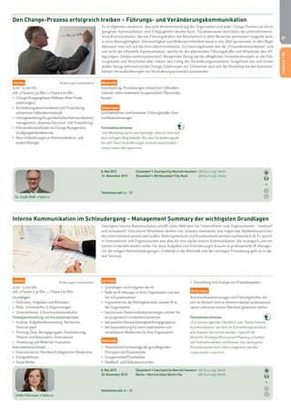 27 
Den Change-Prozess erfolgreich treiben – Führungs- und Veränderungskommunikation 
Dr. Guido Wolf > Seite 11 
Es ist allgemein anerkannt, dass jede Weiterentwicklung der Organisation und jeder Change-Prozess nur durch 
geeignete Kommunikation zum Erfolg geführt werden kann. Paradoxerweise wird dabei die unternehmensin-terne 
Kommunikation, die von Führungskräften wie Mitarbeitern in allen Bereichen permanent ausgeübt wird, 
in ihrer Mannigfaltigkeit, Gleichzeitigkeit und Widersprüchlichkeit kaum in den Blick genommen: In aller Regel 
fokussiert man sich auf die Zentralkommunikation. Erscheinungsformen wie die „Prozesskommunikation“ und 
erst recht die informelle Kommunikation, welche für die allermeisten Führungskräfte und Mitarbeiter den All-tag 
prägen, bleiben unterrepräsentiert. Mangelnder Bezug auf die alltäglichen Herausforderungen an die Füh-rungskräfte 
und Mitarbeiter aber riskiert den Erfolg des Veränderungsvorhabens. Ausgehend von und immer 
wieder Bezug nehmend auf die Change-Erfahrungen der Teilnehmer setzt sich der Workshop mit den kommuni-kativen 
Herausforderungen von Veränderungsprozessen auseinander. 
Methodik 
Impulsvortrag, Praxisübungen anhand von Fallstudien-material, 
selbst moderierte Gruppenarbeit, Plenumsdis-kussion 
Zielgruppe 
Geschäftsführer und Vorstände, Führungskräfte, Kom-munikationsmanager 
Teilnehmerstimme: 
„Der Workshop hat erneut bestätigt, dass ich mich auf 
dem richtigen Weg befinde. Nur wer Veränderung sel-ber 
will, kann Veränderungen sinnvoll vorantreiben.“ 
Andrea Ostheer, Mast-Jägermeister 
Interne Kommunikation im Schleudergang – Management Summary der wichtigsten Grundlagen 
• Darstellung und Analyse von Praxisbeispielen 
Zielgruppe 
Kommunikationsmanager und Führungskräfte, die 
sich im Bereich Interne Kommunikation professionali-sieren 
und einen ersten Überblick gewinnen wollen. 
Teilnehmerstimme: 
„Ein hervorragender Überblick zum Thema Interne 
Kommunikation, bei dem im Schnelltempo wirklich 
alle Aspekte betrachtet werden. Speziell die 
Bereiche Strategie/Konzeption/Planung erhielten 
viel Aufmerksamkeit und können nun dank guter 
Praxisbeispiele auch sofort umgesetzt werden.“ 
Claudia Gerbeth, hotel.de AG 
Inhalte Änderungen vorbehalten! 
9.00 – 17.00 Uhr, 
inkl. 2 Pausen à 30 Min. + 1 Pause à 60 Min. 
• Change (Ausgangsbasis: Reflexion Ihrer Praxis-erfahrungen) 
• Veränderungskommunikation (mit Praxisübung 
anhand von Fallstudienmaterial) 
• Lösungswerkzeug für ganzheitliches Kommunikations-management: 
„Business Discourse“ (mit Praxisübung) 
• Interventionsmethoden im Change Management: 
Großgruppenkonferenzen 
• Neue Anforderungen an Kommunikations- und 
andere Manager 
8. Mai 2015 Düsseldorf • Courtyard by Marriott Seestern 450 Euro zzgl. MwSt. 
13. November 2015 Düsseldorf • NH Düsseldorf City Nord 450 Euro zzgl. MwSt. 
Teilnehmerzahl: 6 – 12 
Inhalte Änderungen vorbehalten! 
9.00 – 17.00 Uhr, 
inkl. 2 Pausen à 30 Min. + 1 Pause à 60 Min. 
Grundlagen 
• Definition, Aufgaben und Mehrwert 
• Rolle, Schnittstellen & Abgrenzungen 
• Unternehmens- & Kommunikationskultur 
Strategieentwicklung und Konzeptionsprozess 
• Analyse: Aufgabenbestimmung, Recherche, 
Statusanalyse 
• Planung: Ziele, Bezugsgruppen, Positionierung, 
Themen und Botschaften, Instrumente 
• Umsetzung und Mittel der Evaluation 
Instrumente im Einsatz 
• Instrumente im Überblick/Erfolgreicher Medienmix 
• Erfolgsfaktoren 
• Social Media 
8. Mai 2015 Düsseldorf • Courtyard by Marriott Seestern 450 Euro zzgl. MwSt. 
30. November 2015 Berlin • Mercure Hotel Berlin City 450 Euro zzgl. MwSt. 
Teilnehmerzahl: 6 – 12 
Ulrike Führmann > Seite 10 
Gelungene Interne Kommunikation schafft einen Mehrwert für Unternehmen und Organisationen – materiell 
und immateriell. Informierte Mitarbeiter denken mit, arbeiten motivierter und tragen das Markenversprechen 
des Unternehmens positiv nach außen. Reibungsverluste und Krankenstand nehmen nachweislich ab. Es spricht 
in Unternehmen und Organisationen also alles für eine starke Interne Kommunikation, die strategisch und mit 
System entwickelt werden sollte. Für diese Aufgaben und Anforderungen braucht es professionelle IK-Manager. 
Um die nötigen Rahmenbedingungen, Einblicke in die Methodik und den wichtigen Praxisbezug geht es in die-sem 
Seminar. 
Lernziel 
• Grundlagen und Aufgaben der IK 
• Rolle als IK-Manager in Ihrer Organisation und wie 
Sie sich positionieren 
• Argumente für die Wichtigkeit einer starken IK in 
der Organisation 
• Gerüst einer Kommunikationsstrategie und wie Sie 
sie pragmatisch entwickeln/umsetzen 
• wie sprechen Sie eine heterogene Bezugsgruppe an 
• die Voraussetzung für einen realistischen und 
umsetzbaren Medienmix für Ihre Organisation 
Methodik 
• Theoretische Fachvorträge der grundlegenden 
Prinzipien mit Praxistransfer 
• Gruppenarbeit/Einzelarbeit 
• Feedback- und Diskussionsrunden 
Seminar | IK 
 