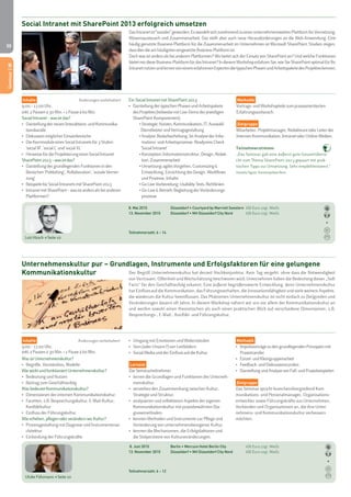 30 
Methodik 
Vortrags- und Workshopteile zum praxisorientierten 
Erfahrungsaustausch. 
Zielgruppe 
Mitarbeiter, Projektmanager, Redakteure oder Leiter der 
Internen Kommunikation, Intranet oder Online-Medien. 
Teilnehmerstimme: 
„Das Seminar gab eine äußerst gute Gesamtübersi-cht 
zum Thema SharePoint 2013 gepaart mit prak-tischen 
Tipps zur Umsetzung. Sehr empfehlenswert.“ 
Daniela Sigrist, Kantonspolizei Bern 
Social Intranet mit SharePoint 2013 erfolgreich umsetzen 
Inhalte Änderungen vorbehalten! 
9.00 – 17.00 Uhr, 
inkl. 2 Pausen à 30 Min. + 1 Pause à 60 Min. 
Social Intranet – was ist das? 
• Darstellung der neuen Interaktions- und Kommunika-tionskanäle 
• Diskussion möglicher Einsatzbereiche 
• Die Kernmodule eines Social Intranets für 3 Stufen: 
'social M', 'social L' und 'social XL' 
• Hinweise für die Projektierung eines Social Intranet 
SharePoint 2013 – was ist das? 
• Darstellung der grundlegenden Funktionen in den 
Bereichen 'Publishing', 'Kollaboration', 'soziale Vernet-zung' 
• Beispiele für Social Intranets mit SharePoint 2013 
• Intranet mit SharePoint – was ist anders als bei anderen 
Plattformen? 
8. Mai 2015 Düsseldorf • Courtyard by Marriott Seestern 450 Euro zzgl. MwSt. 
13. November 2015 Düsseldorf • NH Düsseldorf City Nord 450 Euro zzgl. MwSt. 
Teilnehmerzahl: 6 – 14 
Lutz Hirsch > Seite 10 
Das Intranet ist "sozialer" geworden. Es wandelt sich zunehmend zu einer unternehmensweiten Plattform für Vernetzung, 
Wissensaustausch und Zusammenarbeit. Das stellt aber auch neue Herausforderungen an die Web-Anwendung. Eine 
häufig genutzte Business-Plattform für die Zusammenarbeit im Unternehmen ist Microsoft SharePoint. Studien zeigen, 
dass dies die am häufigsten eingesetzte Business-Plattform ist. 
Doch was ist anders als bei anderen Plattformen? Wo bietet sich der Einsatz von SharePoint an? Und welche Funktionen 
bietet mir diese Business-Plattform für das Intranet? In diesem Workshop erfahren Sie, wie Sie SharePoint optimal für Ihr 
Intranet nutzen und lernen von einem erfahrenen Experten die typischen Phasen und Arbeitspakete des Projektes kennen. 
Ein Social Intranet mit SharePoint 2013 
• Darstellung der typischen Phasen und Arbeitspakete 
des Projektes (teilweise mit Live-Demo der jeweiligen 
SharePoint-Komponenten): 
• Strategie: Nutzen, Kommunikation, IT, Auswahl 
Dienstleister und Vertragsgestaltung 
• Analyse: Bedarfserhebung, Ist-Analyse der Infor-mations- 
und Arbeitsprozesse, Readyness Check 
'Social Intranet' 
• Konzeption: Informationsstruktur, Design, Redak-tion, 
Zusammenarbeit 
• Umsetzung: agiles Vorgehen, Customizing & 
Entwicklung, Einrichtung des Design, Workflows 
und Prozesse, Inhalte 
• Go-Live-Vorbereitung : Usability-Tests, Richtlinien 
• Go-Live & Betrieb: Begleitung der Veränderungs-prozesseMethodik 
Seminar | IK 
Seminar | IK 
Unternehmenskultur pur – Grundlagen, Instrumente und Erfolgsfaktoren für eine gelungene 
Kommunikationskultur 
Methodik 
• Impulsvorträge zu den grundlegenden Prinzipien mit 
Praxistransfer 
• Einzel- und Kleingruppenarbeit 
• Feedback- und Diskussionsrunden 
• Darstellung und Analyse von Fall- und Praxisbeispielen 
Zielgruppe 
Das Seminar spricht branchenübergreifend Kom-munikations- 
und Personalmanager, Organisations-entwickler 
sowie Führungskräfte aus Unternehmen, 
Verbänden und Organisationen an, die ihre Unter-nehmens- 
und Kommunikationskultur verbessern 
möchten. 
Inhalte Änderungen vorbehalten! 
9.00 – 17.00 Uhr, 
inkl. 2 Pausen à 30 Min. + 1 Pause à 60 Min. 
Was ist Unternehmenskultur? 
• Begriffe, Verständnis, Modelle 
Wie wirkt und funktioniert Unternehmenskultur? 
• Bedeutung und Nutzen 
• Beitrag zum Geschäftserfolg 
Was bedeutet Kommunikationskultur? 
• Dimensionen der internen Kommunikationskultur 
• Facetten, z.B. Besprechungskultur, E-Mail-Kultur, 
Konfliktkultur 
• Einfluss der Führungskultur 
Wie erheben, pflegen oder verändern wir Kultur? 
• Prozessgestaltung mit Diagnose und Instrumentenar-chitektur 
• Einbindung der Führungskräfte 
8. Juni 2015 Berlin • Mercure Hotel Berlin City 450 Euro zzgl. MwSt. 
13. November 2015 Düsseldorf • NH Düsseldorf City Nord 450 Euro zzgl. MwSt. 
Teilnehmerzahl: 6 – 12 
Ulrike Führmann > Seite 10 
Der Begriff Unternehmenskultur hat derzeit Hochkonjunktur. Kein Tag vergeht, ohne dass die Notwendigkeit 
von Vertrauen, Offenheit und Wertschätzung beschworen wird. Unternehmen haben die Bedeutung dieser „Soft 
Facts“ für den Geschäftserfolg erkannt. Eine äußerst begrüßenswerte Entwicklung, denn Unternehmenskultur 
hat Einfluss auf die Kommunikation, das Führungsverhalten, die Innovationsfähigkeit und viele weitere Aspekte, 
die wiederum die Kultur beeinflussen. Das Phänomen Unternehmenskultur ist nicht einfach zu (be)greifen und 
Veränderungen dauern oft Jahre. In diesem Workshop nähern wir uns vor allem der Kommunikationskultur an 
und werfen sowohl einen theoretischen als auch einen praktischen Blick auf verschiedene Dimensionen, z.B. 
Besprechungs-, E-Mail-, Konflikt- und Führungskultur. 
• Umgang mit Emotionen und Widerständen 
• Sinn (oder Unsinn?) von Leitbildern 
• Social Media und der Einfluss auf die Kultur 
Lernziel 
Die Seminarteilnehmer 
• lernen die Grundlagen und Funktionen der Unterneh-menskultur. 
• verstehen den Zusammenhang zwischen Kultur, 
Strategie und Struktur. 
• analysieren und reflektieren Aspekte der eigenen 
Kommunikationskultur mit praxisbewährten Dia-gnosemethoden. 
• kennen Methoden und Instrumente zur Pflege und 
Veränderung von unternehmensbezogener Kultur. 
• kennen die Mechanismen, die Erfolgsfaktoren und 
die Stolpersteine von Kulturveränderungen. 
 