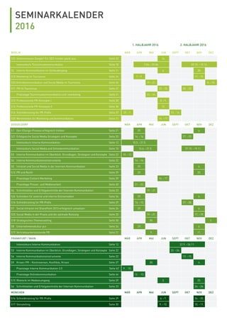 SEMINARKALENDER
2016
1. HALBJAHR 2016 2. HALBJAHR 2016
BERLIN MÄR APR MAI JUN SEPT OKT NOV DEZ
S22 Geheimwissen Google? Ein SEO-Insider packt aus Seite 33 14.
Intensivkurs Tourismuskommunikation Seite 18 7.04.–25.06. 20.10.–10.12.
S2 Interne Kommunikation im Schleudergang Seite 21 6. 28.
S10 Marketing im Tourismus Seite 26 7.–9. 17.–19.
S23 Onlinekommunikation und Social Media im Tourismus Seite 34 19.–21. 8.–10.
S11 PR im Tourismus Seite 27 23.–25. 20.–22.
Praxistage Tourismuskommunikation und -marketing Seite 41 23.–24.
S13 Professionelle PR-Konzepte I Seite 28 8.–9.
S14 Professionelle PR-Konzepte II Seite 38 10.
S16 Schreibtraining für PR-Proﬁs Seite 29 29.–1. 15.–16.
S20 Werbetexten für Marketing und Kommunikation Seite 31 16.–17.
DÜSSELDORF MÄR APR MAI JUN SEPT OKT NOV DEZ
S1 Den Change-Prozess erfolgreich treiben Seite 21 29. 4.
S21 Erfolgreiche Social Media Strategien und Konzepte Seite 33 14.–16. 27.–29.
Intensivkurs Interne Kommunikation Seite 12 10.3.–21.5.
Intensivkurs Social Media und Onlinekommunikation Seite 15 14.4.–21.5. 27.10.–19.11.
S3 Interne Kommunikation im Überblick: Grundlagen, Strategien und Konzepte Seite 22 10.–12.
S4 Interne Kommunikationsinstrumente Seite 22 14.–16.
S5 Intranet und Social Media in der Internen Kommunikation Seite 23 29. 4.
S12 PR und Recht Seite 29 29. 25.
Praxistage Content Marketing Seite 39 16.–17.
Praxistage Presse- und Medienarbeit Seite 40 21.–22.
S6 Schnittstellen und Erfolgskontrolle der Internen Kommunikation Seite 23 19.–21. 2.
S24 Schreiben für externe und interne Onlinemedien Seite 34 29. 4.
S16 Schreibtraining für PR-Proﬁs Seite 29 14.–15. 27.–28.
S7 Social Intranet mit SharePoint 2013 erfolgreich umsetzen Seite 24 29. 4.
S25 Social Media in der Praxis und die optimale Nutzung Seite 35 19.–21. 17.–19.
S18 Strategisches Themensetting Seite 30 30. 2.
S8 Unternehmenskultur pur Seite 24 29. 4.
S19 Vertriebsunterstützende PR Seite 31 9. 11.
FRANKFURT / MAIN MÄR APR MAI JUN SEPT OKT NOV DEZ
Intensivkurs Interne Kommunikation Seite 12 22.9.–26.11.
S3 Interne Kommunikation im Überblick: Grundlagen, Strategien und Konzepte Seite 22 22.–24.
S4 Interne Kommunikationsinstrumente Seite 22 13.–15.
S9 Krisen-PR – Kontroversen, Konﬂikte, Krisen Seite 27 30. 4.
Praxistage Interne Kommunikation 2.0 Seite 42 9. - 10.
Praxistage Onlinekommunikation Seite 44 12. - 13.
S15 Rhetorik im Medienumgang Seite 29 3. 25.
S6 Schnittstellen und Erfolgskontrolle der Internen Kommunikation Seite 23 24.–26.
MÜNCHEN MÄR APR MAI JUN SEPT OKT NOV DEZ
S16 Schreibtraining für PR-Proﬁs Seite 29 6.–7. 24.–25.
S17 Storytelling Seite 30 9.–10. 10.–11.
 