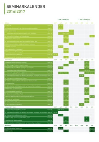 SEMINARKALENDER
2016|2017
2. HALBJAHR 2016 1. HALBJAHR 2017
BERLIN SEPT OKT NOV DEZ MÄRZ APR MAI JUN
S11 Bild-PR Seite 29 18.–19.
S23 Digitales Storytelling in der Unternehmenskommunikation Seite 37 6.–7.
S25 Google verstehen Seite 38 2.
Intensivkurs Tourismuskommunikation und -marketing Seite 18 20.10.–10.12.
S2 Interne Kommunikation im Schleudergang Seite 23 28. 30.
S13 Marketing im Tourismus Seite 30 17.–19.
S6 Mitarbeiterzeitschriften: Nur die Champions League zählt Seite 25 21.
S26 Onlinekommunikation und Social Media im Tourismus Seite 38 8.–10. 4.–6.
S14 PR im Tourismus Seite 31 20.–22.
S16 Professionelle PR-Konzepte I Seite 32 14.–15.
S17 Professionelle PR-Konzepte II Seite 32 16.
S19 Schreibtraining für PR-Proﬁs Seite 33 15.–16. 16.–17.
S22 Werbetexten für Marketing und Kommunikation Seite 35 7.–8.
DÜSSELDORF SEPT OKT NOV DEZ MÄRZ APR MAI JUN
S10 Agenda Setting erfolgreich umsetzen Seite 29 2. 12.
S1 Den Change-Prozess erfolgreich treiben Seite 23 4. 12.
S24 Erfolgreiche Social Media Strategien und Konzepte Seite 37 27.–29. 18.–20.
Intensivkurs Interne Kommunikation Seite 12 6.04.–24.06.
Intensivkurs Social Media und Onlinekommunikation Seite 15 27.10.–19.11. 18.05.–24.06.
S3 Interne Kommunikation im Überblick: Grundlagen, Strategien und Konzepte Seite 24 6.–8.
S4 Interne Kommunikationsinstrumente Seite 24 18.–20.
S5 Intranet und Social Media in der Internen Kommunikation Seite 25 4. 12.
S15 PR und Recht Seite 31 25. 11.
S7 Schnittstellen und Erfolgskontrolle der Internen Kommunikation Seite 26 2. 22.–24.
S27 Schreiben für Onlinemedien Seite 39 17. 18.
S19 Schreibtraining für PR-Proﬁs Seite 33 15.–16. 16.–17.
S8 Social Intranet mit SharePoint Seite 26 4. 12.
S28 Social Media in der Praxis und die optimale Nutzung Seite 39 17.–19. 22.–24.
S29 Texten für Social Media Seite 40 18. 19.
S9 Unternehmenskultur pur Seite 27 4. 12.
S21 Vertriebsunterstützende PR Seite 34 11. 24.
FRANKFURT / MAIN SEPT OKT NOV DEZ MÄRZ APR MAI JUN
Intensivkurs Interne Kommunikation Seite 12 22.9.–26.11.
S3 Interne Kommunikation im Überblick: Grundlagen, Strategien und Konzepte Seite 24 22.–24.
S4 Interne Kommunikationsinstrumente Seite 24 13.–15.
S12 Krisen-PR – Kontroversen, Konﬂikte, Krisen Seite 30 4. 5.
S18 Rhetorik im Medienumgang Seite 33 25. 22.
S7 Schnittstellen und Erfolgskontrolle der Internen Kommunikation Seite 26 24.–26.
MÜNCHEN SEPT OKT NOV DEZ MÄRZ APR MAI JUN
S19 Schreibtraining für PR-Proﬁs Seite 33 20.–21. 26.–27.
S20 Storytelling Seite 34 10.–11. 22.–23.
 