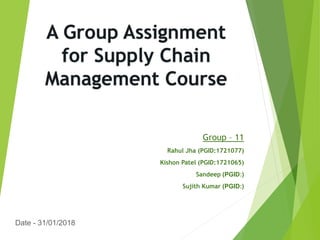 A Group Assignment
for Supply Chain
Management Course
Group – 11
Rahul Jha (PGID:1721077)
Kishon Patel (PGID:1721065)
Sandeep (PGID:)
Sujith Kumar (PGID:)
Date - 31/01/2018
 