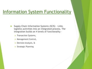 Information System Functionality
 Supply Chain Information Systems (SCIS) – Links
logistics activities into an integrated process. The
integration builds on 4 levels of functionality –
 Transaction Systems,
 Management Control,
 Decision Analysis, &
 Strategic Planning
 