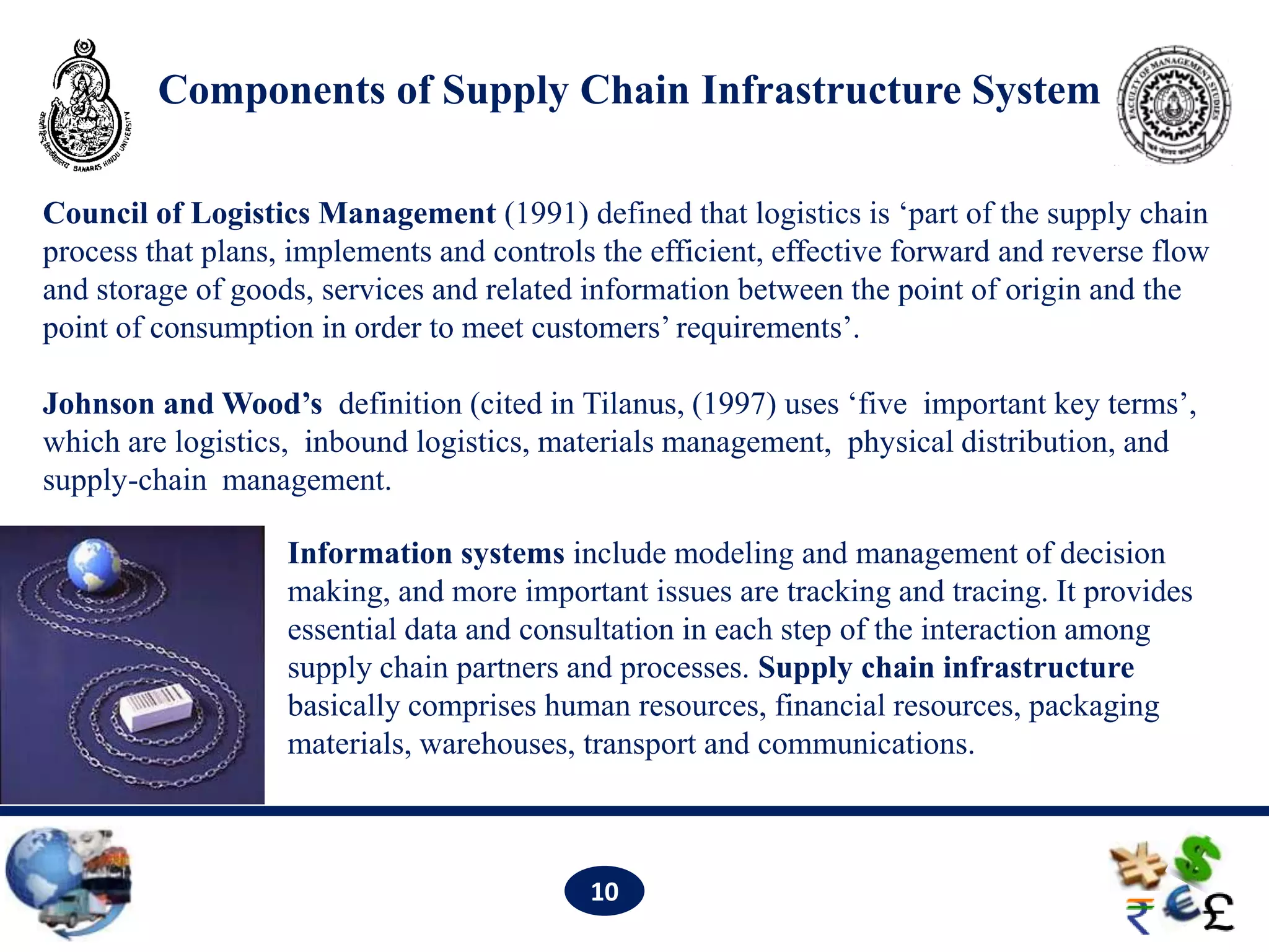 Components of Supply Chain Infrastructure System

Council of Logistics Management (1991) defined that logistics is ‘part of the supply chain
process that plans, implements and controls the efficient, effective forward and reverse flow
and storage of goods, services and related information between the point of origin and the
point of consumption in order to meet customers’ requirements’.

Johnson and Wood’s definition (cited in Tilanus, (1997) uses ‘five important key terms’,
which are logistics, inbound logistics, materials management, physical distribution, and
supply-chain management.

                   Information systems include modeling and management of decision
                   making, and more important issues are tracking and tracing. It provides
                   essential data and consultation in each step of the interaction among
                   supply chain partners and processes. Supply chain infrastructure
                   basically comprises human resources, financial resources, packaging
                   materials, warehouses, transport and communications.



                                           10
 