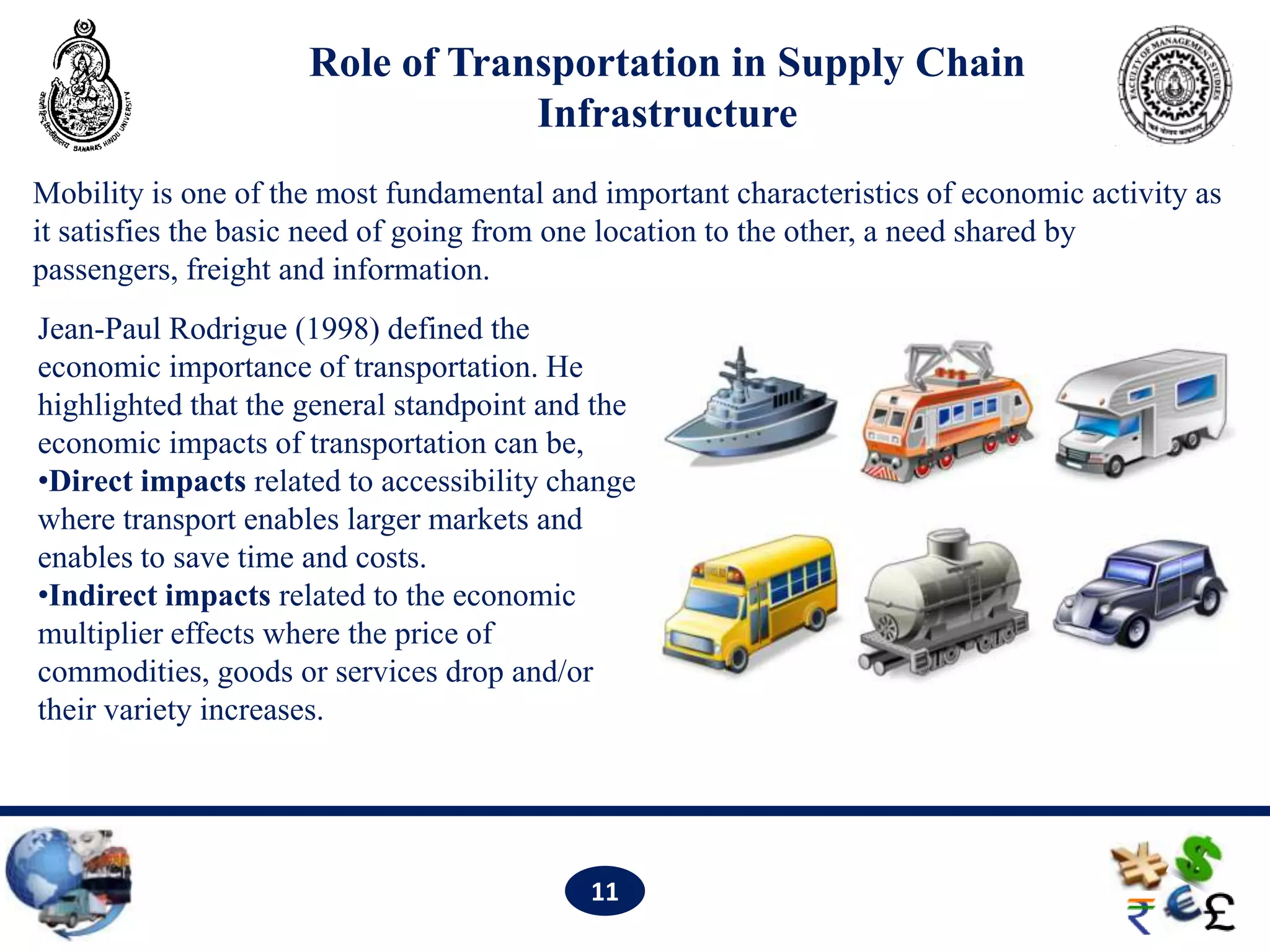 Role of Transportation in Supply Chain
                                 Infrastructure
Mobility is one of the most fundamental and important characteristics of economic activity as
it satisfies the basic need of going from one location to the other, a need shared by
passengers, freight and information.
Jean-Paul Rodrigue (1998) defined the
economic importance of transportation. He
highlighted that the general standpoint and the
economic impacts of transportation can be,
•Direct impacts related to accessibility change
where transport enables larger markets and
enables to save time and costs.
•Indirect impacts related to the economic
multiplier effects where the price of
commodities, goods or services drop and/or
their variety increases.




                                           11
 