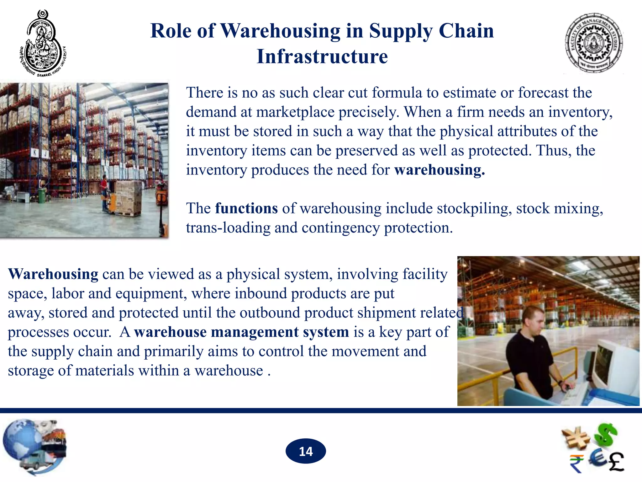 Role of Warehousing in Supply Chain
                                Infrastructure
                           There is no as such clear cut formula to estimate or forecast the
                           demand at marketplace precisely. When a firm needs an inventory,
                           it must be stored in such a way that the physical attributes of the
                           inventory items can be preserved as well as protected. Thus, the
                           inventory produces the need for warehousing.

                           The functions of warehousing include stockpiling, stock mixing,
                           trans-loading and contingency protection.

Warehousing can be viewed as a physical system, involving facility
space, labor and equipment, where inbound products are put
away, stored and protected until the outbound product shipment related
processes occur. A warehouse management system is a key part of
the supply chain and primarily aims to control the movement and
storage of materials within a warehouse .




                                            14
 