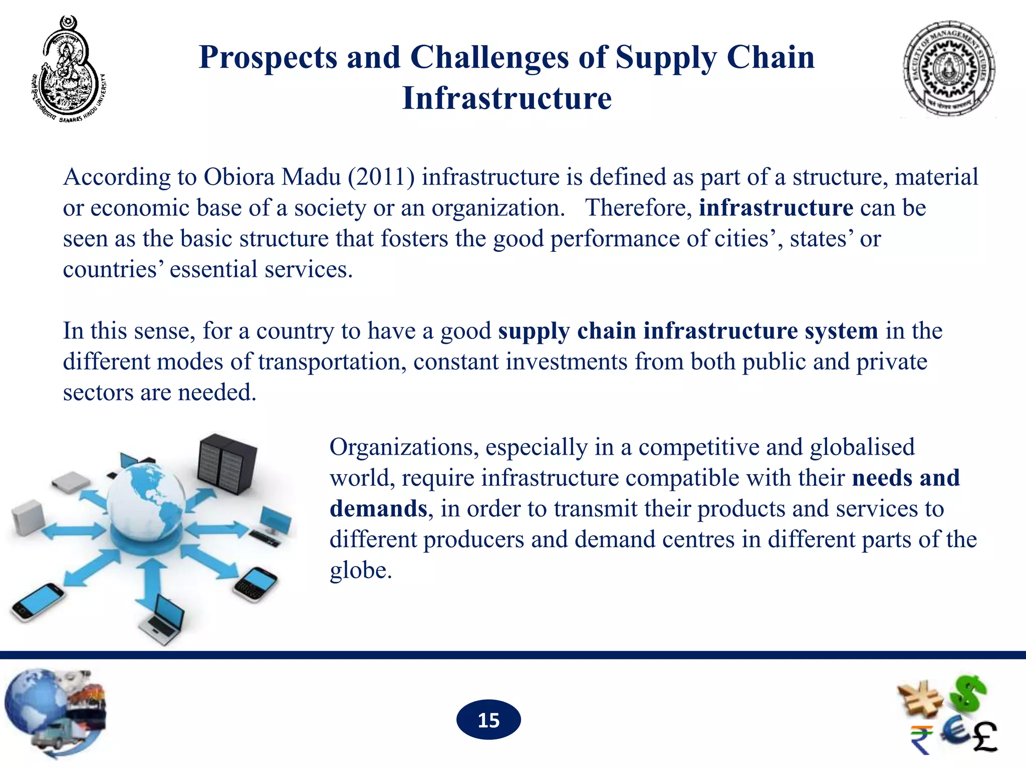 Prospects and Challenges of Supply Chain
                          Infrastructure

According to Obiora Madu (2011) infrastructure is defined as part of a structure, material
or economic base of a society or an organization. Therefore, infrastructure can be
seen as the basic structure that fosters the good performance of cities’, states’ or
countries’ essential services.

In this sense, for a country to have a good supply chain infrastructure system in the
different modes of transportation, constant investments from both public and private
sectors are needed.

                          Organizations, especially in a competitive and globalised
                          world, require infrastructure compatible with their needs and
                          demands, in order to transmit their products and services to
                          different producers and demand centres in different parts of the
                          globe.




                                        15
 