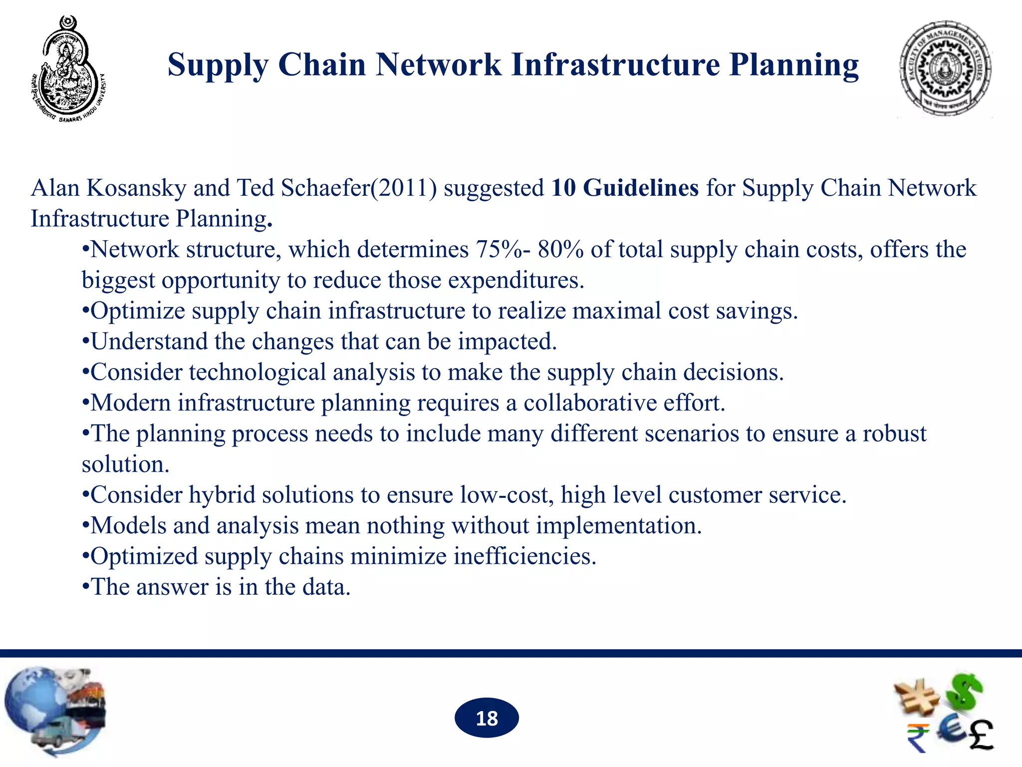 Supply Chain Network Infrastructure Planning


Alan Kosansky and Ted Schaefer(2011) suggested 10 Guidelines for Supply Chain Network
Infrastructure Planning.
     •Network structure, which determines 75%- 80% of total supply chain costs, offers the
     biggest opportunity to reduce those expenditures.
     •Optimize supply chain infrastructure to realize maximal cost savings.
     •Understand the changes that can be impacted.
     •Consider technological analysis to make the supply chain decisions.
     •Modern infrastructure planning requires a collaborative effort.
     •The planning process needs to include many different scenarios to ensure a robust
     solution.
     •Consider hybrid solutions to ensure low-cost, high level customer service.
     •Models and analysis mean nothing without implementation.
     •Optimized supply chains minimize inefficiencies.
     •The answer is in the data.




                                          18
 