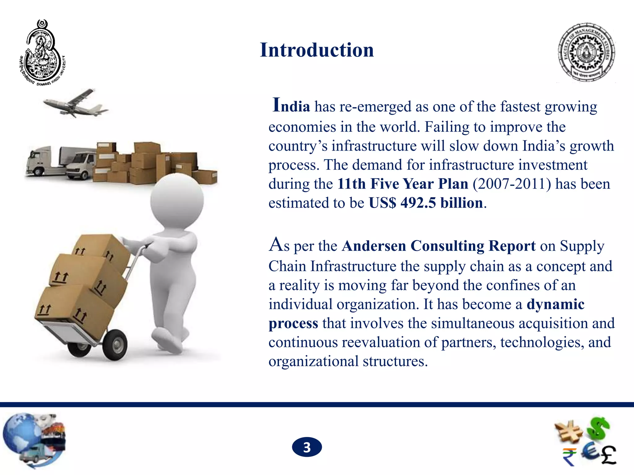 Introduction

 India has re-emerged as one of the fastest growing
economies in the world. Failing to improve the
country’s infrastructure will slow down India’s growth
process. The demand for infrastructure investment
during the 11th Five Year Plan (2007-2011) has been
estimated to be US$ 492.5 billion.

As per the Andersen Consulting Report on Supply
Chain Infrastructure the supply chain as a concept and
a reality is moving far beyond the confines of an
individual organization. It has become a dynamic
process that involves the simultaneous acquisition and
continuous reevaluation of partners, technologies, and
organizational structures.




     3
 