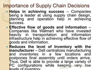 Importance of Supply Chain Decisions
  Helps in achieving success – Companies
   being a leader at using supply chain design,
   planning and operation help in achieving
   success.
  Effective flow of goods and information –
   Companies like Walmart who have invested
   heavily in transportation and information
   infrastructure help in achieving effective flow of
   goods and information.
  Reduces the level of Inventory with the
   manufacturer – Dell centralizes manufacturing
   and inventories in a few locations and
   postpones final assembly until orders arrive.
   Thus, Dell is able to provide a large variety of
   PC configurations while keeping very low
                                 https://www.facebook.com/ialwaysthink
                                 prettythings
 