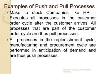 Examples of Push and Pull Processes
 Make to stock Companies like HP –
  Executes all processes in the customer
  order cycle after the customer arrives. All
  processes that are part of the customer
  order cycle are thus pull processes.
 All processes in the replenishment cycle,
  manufacturing and procurement cycle are
  performed in anticipation of demand and
  are thus push processes.


                            https://www.facebook.com/ialwaysthink
                            prettythings
 