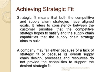 Achieving Strategic Fit
Strategic fit means that both the competitive
  and supply chain strategies have aligned
  goals. It refers to consistency between the
  customer priorities that the competitive
  strategy hopes to satisfy and the supply chain
  capabilities that the supply chain strategy
  aims to build.

A company may fail either because of a lack of
  strategic fit or because its overall supply
  chain design, processes and resources do
  not provide the capabilities to support the
  desired strategic fit.  https://www.facebook.com/ialwaysthink
                                    prettythings
 
