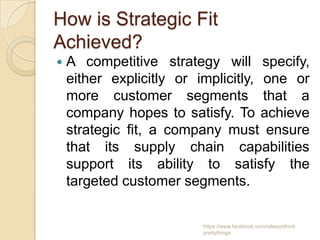 How is Strategic Fit
Achieved?
   A competitive strategy will specify,
    either explicitly or implicitly, one or
    more customer segments that a
    company hopes to satisfy. To achieve
    strategic fit, a company must ensure
    that its supply chain capabilities
    support its ability to satisfy the
    targeted customer segments.

                         https://www.facebook.com/ialwaysthink
                         prettythings
 