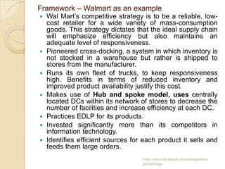 Framework – Walmart as an example
   Wal Mart’s competitive strategy is to be a reliable, low-
    cost retailer for a wide variety of mass-consumption
    goods. This strategy dictates that the ideal supply chain
    will emphasize efficiency but also maintains an
    adequate level of responsiveness.
   Pioneered cross-docking, a system in which inventory is
    not stocked in a warehouse but rather is shipped to
    stores from the manufacturer.
   Runs its own fleet of trucks, to keep responsiveness
    high. Benefits in terms of reduced inventory and
    improved product availability justify this cost.
   Makes use of Hub and spoke model, uses centrally
    located DCs within its network of stores to decrease the
    number of facilities and increase efficiency at each DC.
   Practices EDLP for its products.
   Invested significantly more than its competitors in
    information technology.
   Identifies efficient sources for each product it sells and
    feeds them large orders.
                                    https://www.facebook.com/ialwaysthink
                                    prettythings
 