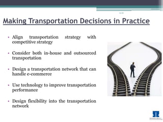 14-20 
Making Transportation Decisions in Practice 
• Align transportation strategy with 
competitive strategy 
• Consider both in-house and outsourced 
transportation 
• Design a transportation network that can 
handle e-commerce 
• Use technology to improve transportation 
performance 
• Design flexibility into the transportation 
network 
 