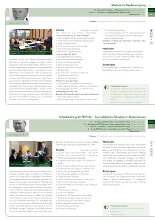 Rhetorik im Medienumgang                                   | 25


                                                                                                                                      19. Oktober 2012 | Frankfurt • NH Frankfurt City | Preis: 450 Euro zzgl. MwSt.          Seminar
                                                                                                                             7. Juni 2013 | Düsseldorf • Courtyard by Marriott Seestern | Preis: 450 Euro zzgl. MwSt.
                                                                                                                                                                                              Teilnehmerzahl: 6 – 10            PR



                                                                                                                              > Hinweis: Die Teilnehmer reichen im Vorfeld des Seminars eigene Textbeispiele ein.
    	 Norbert Esser ( S. 6)
	


                                                                        Inhalte 	                                Änderungen vorbehalten!            •	 Die Krisen-Pressekonferenz
                                                                        9.00 – 17.00 Uhr, inkl. 2 Pausen à 30 Min. + 1 Pause à 60 Min.              •	 Das TV-Streitgespräch, die TV-/ Podiums-Diskussion
                                                                        „It’s not what you say, it’s what they hear“                                •	 Zwischenrufe / Störungen, unerwartete Einwände,
                                                                        •	 Was Journalisten und das breite Publikum erwarten                        	 negative Redewendungen
                                                                        •	 5-Satz-Technik, unterschiedliche 5-Satz-Strukturen                       Verhalten am Ende von Statements, Interviews oder
                                                                        •	 Tipps zur Argumentation                                                  TV-Diskussionen
                                                                        •	 Die Formulierung von Kernbotschaften
                                                                        •	 Das 30-Sekunden-Statement                                                Methodik
        Norbert L. Esser im Seminar Rhetorik im Medienumgang im         •	 Das Krisen-/ Notfall-Statement                                           Ausgewogener Wechsel von Lerndialog und Gruppen-
        Oktober 2010                                                    „Und was sagen Sie dazu?“                                                   arbeit. Individuelle Teilnehmererfahrungen und prak-
                                                                        •	 Die zielgerichtete Vorbereitung                                          tische Themen aus dem Teilnehmerumfeld stehen bei
      Vergebene Chancen, vor Millionen von Menschen eigene              •	 Klärung der Rahmenbedingungen                                            der Gruppenarbeit im Vordergrund.
      Botschaften zu vermitteln, begegnen uns täglich im Fern-          •	 Frage- und Antworttechniken
      sehprogramm. Weil der Auftritt inhaltlich, rhetorisch und im      •	 Tipps für Krisensituationen                                              Zielgruppe
      Erscheinungsbild schlecht vorbereitet ist, weil unprofessionell   •	 Blocken, Überbrücken, Kreuzen                                            Kommunikationschefs, Pressesprecher, Vorstände und
      mit hoch professionellen Medien – und damit der breiten           •	 Schlagfertigkeit                                                         Geschäftsführer, die sich den Medien stellen müssen.
      Öffentlichkeit – kommuniziert wird. Doch wie bereitet man         •	 Das Interview/ Todsünden im Interview
      sich vor? Wie verhält man sich rhetorisch, wenn man plötzlich     •	 Lampenfieber und Blackout
      mit Kamera und Mikrofon konfrontiert oder in einer Diskus-        •	 Reaktion auf Nachfragen
      sionsrunde scharf angegriffen wird? Was erwarten die Medien,      Machen Sie „eine gute Figur“
      wie vermittelt man Botschaften kompetent, glaubwürdig und         •	 Die Bedeutung nonverbaler Kommunikation
      verständlich? Wie findet man persönliche Akzeptanz? Fragen,       •	 Überzeugendes Verhalten, speziell bei TV-Auftritten                                  Teilnehmerstimme:
      auf die dieses Seminar detailliert eingeht – und die vor allem    •	 Wirkungsvolles Sprechen/ wie Wörter wirken                                           „Der Workshop vermittelt praxisnah wertvolle Hinweise
      anhand von teilnehmerbezogenen, praktischen Beispielen be-        Krisenkommunikation „live“                                                              und Tipps im Umgang mit Medien. In Übungen wird
      handelt und in Übungen umgesetzt werden. Die Teilnehmer           Besondere Herausforderungen in besonderen Situationen                                   das Gelernte direkt vertieft und so die Teilnehmer für die
      verbessern ihren Auftritt, ihre Wirkung und ihre persönliche      •	 Der Unglücksfall mit Opfern                                                          Herangehensweise im Tagesgeschäft trainiert. Äußerst
      Sicherheit – und damit ihre Erfolgschancen.                       •	 Tipps für einen kühlen Kopf, wenn es heiß her geht                                   wertvoll.“
                                                                                                                                                                Katja Gläß, KWL - Kommunale Wasserwerke Leipzig GmbH




                                                                             Schreibtraining für PR-Profis – Journalistisches Schreiben in Unternehmen
                                                                                                                                11. — 12. Oktober 2012 | Düsseldorf • Novotel City West | Preis: 850 Euro zzgl. MwSt.         Seminar
                                                                                                                      29. — 30. November 2012 | München • Novotel München Messe | Preis: 850 Euro zzgl. MwSt.
                                                                                                                       11. — 12. April 2013 | Düsseldorf • Courtyard by Marriott Seestern | Preis: 850 Euro zzgl. MwSt.         PR
                                                                                                                            3. — 4. Juni 2013 | München • Courtyard München City Ost | Preis: 850 Euro zzgl. MwSt.
                                                                                                                                                                                               Teilnehmerzahl: 6 – 12
    	 Bernd Stadelmann ( S. 7)
	                                                                                                                             > Hinweis: Die Teilnehmer reichen im Vorfeld des Seminars eigene Textbeispiele ein.


                                                                        liegt diese Verträglichkeit von Zweck und Sprache vielfältigen              Methodik
                                                                        Anforderungen, die erkannt und gemeistert sein wollen.                      Wie formuliert man richtig? Nicht die Theorie, das Praktische
                                                                                                                                                    hilft weiter. Anhand verschiedener Beispiele aus dem Berufs-
                                                                        Inhalte	                                Änderungen vorbehalten!             alltag, aus dem PR-Bereich, dem Zeitungswesen und dem
                                                                        1. Tag: 10.00 – 18.00 Uhr, inkl. 2 Pausen à 30 Min. + 1 Pause à 60 Min.     Fernsehen sollen unterschiedliche Sprachsünden aufgezeigt
                                                                        2. Tag: 9.00 – 17.00 Uhr, inkl. 2 Pausen à 30 Min. + 1 Pause à 60 Min.      werden. Den Schwerpunkt des Seminars bildet das ausführ-
                                                                        •	 Präsentation: Verunglückte Textbeiträge                                  liche Berufstraining: Ansprache, Wortwahl und Präsenta-
                                                                        •	 Gesprächsrunde: Was ist falsch, wie schreibt man                         tion mit Blick auf Zielgruppe und Produkt. Wie weckt man
        Bernd Stadelmann im Seminar 2010.
                                                                        	 besser?                                                                   Aufmerksamkeit? Welche Sätze verlieren? Trainiert wird das
                                                                        •	 Erstes Training: Treffende Worte, neuer Satzbau                          Schreiben für den eigenen Bedarf nach individueller Vorgabe.
                                                                        •	 Gesprächsrunde: Der Weg zum perfekten Text
      Wer überzeugen will, muss überzeugend schreiben können.           •	 Exkurs: Von der Wirkungskraft guter Sätze                                Zielgruppe
      Nirgendwo ist diese Tugend so wichtig wie im PR-Bereich.          •	 Schreibtraining (redigieren, umschreiben)                                Das Seminar ist geeignet für Mitarbeiter aus Unterneh-
      Sprache und Tonlage sind das Gütesiegel von Unternehmen           •	 Gesprächsrunde: Textvisite                                               men, Verbänden und Organisationen aller Wirtschafts-
      und Verbänden. Sie entscheiden im Umgang mit Kunden, Mit-         •	 Exkurs: Unverbrauchtes Deutsch – was ist das?                            zweige im Bereich Kommunikation, PR, Pressearbeit
      arbeitern und Journalisten über Erfolg oder Misserfolg. Wie       •	 Wie man den Wortschatz erweitert                                         sowie für PR-Fachleute aus Agenturen, die im Auftrag
      erreiche ich meine Ansprechpartner? Welche Regeln der In-         •	 Neue Wortbilder: ein Handwerk, keine Geheimwis-                          eines Kunden tätig sind.
      formationsgebung müssen beachtet und beherrscht werden?           	 senschaft
      Gute und schlechte Pressetexte, meisterhaftes Deutsch und         •	 Meisterhaftes von Könnern
      missglückte Darstellungsformen sollen den Sinn für eine ge-       •	 Literarische Stilblüten
      diegene und treffsichere Sprache schärfen. Der erfahrene          •	 Präsentation: PR-Texte aus dem Berufsalltag
      Autor Stadelmann zeigt Ihnen den Weg zum besseren Aus-            •	 Gesprächsrunde: Beurteilung und Textvisite
      druck, zum erweiterten Wortschatz, zum zugkräftigen Satz-         •	 Schreibtraining nach individueller Vorgabe
      bau und zu einer souveränen Schreibtechnik. Systematisch          •	 Exkurs: Zielgruppen und Sprachräume
      wird der besondere Sprachraum durchmessen, in dem sich            •	 Überarbeitung der Beiträge                                                           Teilnehmerstimme:
      PR-Experten bewegen: Zielgruppe und Produkt bestimmen             •	 Stilsicher im Berufsalltag                                                           „Toller Referent, der sein Handwerk von der Pike
      Stil und Wortwahl, die Textform muss passen. Doch unter-                                                                                                  auf gelernt hat.“
                                                                                                                                                                Stefanie Rehm, comwrap Ltd.
 