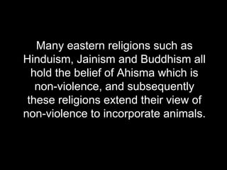 Many eastern religions such as Hinduism, Jainism and Buddhism all hold the belief of Ahisma which is non-violence, and subsequently these religions extend their view of non-violence to incorporate animals.  