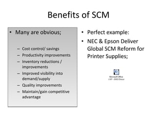 Benefits of SCM Many are obvious; Cost control/ savings Productivity improvements Inventory reductions / improvements Improved visibility into demand/supply Quality improvements Maintain/gain competitive advantage Perfect example:  NEC & Epson Deliver Global SCM Reform for Printer Supplies; 