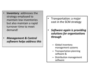 Inventory : addresses the strategy employed to maintain low inventories but also maintain a rapid turnover time to meet demand! Management & Control software helps address this   Transportation: a major cost in the SCM strategy Software again is providing solutions for organizations through  Global inventory management systems  Transportation planning software &  Distribution management software 