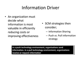 Information Driver An organization must decide what information is most valuable in efficiently reducing costs or improving effectiveness SCM strategies then consider; Information Sharing Push  vs . Pull information strategy In a push technology environment, organizations send information. In a pull technology environment, organizations receive or request information 
