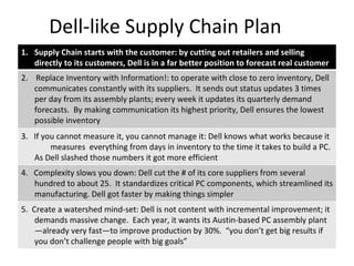 Dell-like Supply Chain Plan Supply Chain starts with the customer: by cutting out retailers and selling directly to its customers, Dell is in a far better position to forecast real customer demand 2.  Replace Inventory with Information!: to operate with close to zero inventory, Dell communicates constantly with its suppliers.  It sends out status updates 3 times per day from its assembly plants; every week it updates its quarterly demand forecasts.  By making communication its highest priority, Dell ensures the lowest possible inventory 3.  If you cannot measure it, you cannot manage it: Dell knows what works because it  measures  everything from days in inventory to the time it takes to build a PC.  As Dell slashed those numbers it got more efficient 4.  Complexity slows you down: Dell cut the # of its core suppliers from several hundred to about 25.  It standardizes critical PC components, which streamlined its manufacturing. Dell got faster by making things simpler 5.  Create a watershed mind-set: Dell is not content with incremental improvement; it demands massive change.  Each year, it wants its Austin-based PC assembly plant—already very fast—to improve production by 30%.  “you don’t get big results if you don’t challenge people with big goals”  