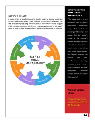 2
SUPPLY CHAIN
A value chain is another name for supply chain. A supply chain is a
sequence of organizations - their facilities, functions and activities - that
are involved in producing and delivering a product or service. Supply
chain management deals with linking the organizations within the supply
chain in order to meet demand across the chain as efficiently as possible.
DEFINITION BY THE
SUPPLY CHAIN
COUNCIL (1997):
"The supply chain - a term
increasingly used by logistics
professionals - encompasses
every effort involved in
producing and delivering a final
product, from the supplier's
supplier to the customer's
customer. Four basic processes
- plan, source, make, deliver -
broadly define these efforts,
which include managing supply
and demand, sourcing raw
materials and parts,
manufacturing and assembly,
warehousing and inventory
tracking, order entry and order
management, distribution
across all channels, and delivery
to the customer."
Walmart Supply
Chain:
https://www.youtu
be.com/watch?v=y
ZC4neLax5o
 