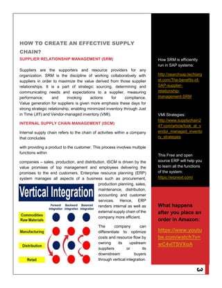 3
HOW TO CREATE AN EFFECTIVE SUPPLY
CHAIN?
SUPPLIER RELATIONSHIP MANAGEMENT (SRM)
Suppliers are the supporters and resource providers for any
organization. SRM is the discipline of working collaboratively with
suppliers in order to maximize the value derived from those supplier
relationships. It is a part of strategic sourcing, determining and
communicating needs and expectations to a supplier, measuring
performance, and invoking actions for compliance.
Value generation for suppliers is given more emphasis these days for
strong strategic relationship, enabling minimized inventory through Just
in Time (JIT) and Vendor-managed inventory (VMI).
INTERNAL SUPPLY CHAIN MANAGEMENT (ISCM)
Internal supply chain refers to the chain of activities within a company
that concludes
with providing a product to the customer. This process involves multiple
functions within
companies – sales, production, and distribution. ISCM is driven by the
value promises of top management and employees delivering the
promises to the end customers. Enterprise resource planning (ERP)
system manages all aspects of a business such as procurement,
production planning, sales,
maintenance, distribution,
accounting and customer
services. Hence, ERP
renders internal as well as
external supply chain of the
company more efficient.
The company can
differentiate to optimize
costs and resource flow by
owning its upstream
suppliers or its
downstream buyers
through vertical integration.
How SRM is efficiently
run in SAP systems:
http://searchsap.techtarg
et.com/The-benefits-of-
SAP-supplier-
relationship-
management-SRM
VMI Strategies:
http://www.supplychain2
47.com/article/look_at_v
endor_managed_invento
ry_strategies
This Free and open
source ERP will help you
to learn all the functions
of the system:
https://erpnext.com/
What happens
after you place an
order in Amazon:
https://www.youtu
be.com/watch?v=
wC4vITSVXoA
 