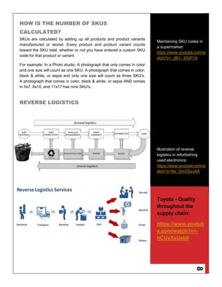8
HOW IS THE NUMBER OF SKUS
CALCULATED?
SKUs are calculated by adding up all products and product variants
manufactured or stored. Every product and product variant counts
toward the SKU total, whether or not you have entered a custom SKU
code for that product or variant.
For example: In a Photo studio: A photograph that only comes in color
and one size will count as one SKU. A photograph that comes in color,
black & white, or sepia and only one size will count as three SKU's.
A photograph that comes in color, black & white, or sepia AND comes
in 5x7, 8x10, and 11x17 has nine SKU's.
REVERSE LOGISTICS
Maintaining SKU codes in
a supermarket:
https://www.youtube.com/w
atch?v=_zB1-_OGP1A
Illustration of reverse
logistics in refurbishing
used electronics:
https://www.youtube.com/w
atch?v=9w_OmYDxvAA
Toyota - Quality
throughout the
supply chain:
https://www.youtub
e.com/watch?v=-
hCUxXsUeb0
 