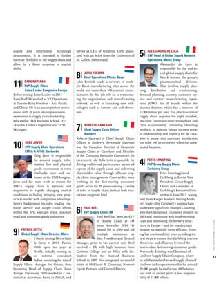 quality and information technology
departments. It is intended to further
increase flexibility in the supply chain and
allow for a faster response to market
shifts.
11|ISami Naffakh
SVP Supply Chain
	 Estee Lauder Companies Europe
Before joining Estee Lauder in 2014
Sami Naffakh worked as VP Operations
at Danone Baby Nutrition – Asia Pacific
and China. He is an accomplished profes-
sional with 20 years of comprehensive
experience in supply chain leadership,
educated at IMD Business School, HEI
- Hautes Etudes d’Ingénieur and SVSU
Michigan.
10|IGreg Javor
SVP Supply Chain Operations 		
	 EMEA & APAC, Starbucks
Greg Javor is responsible
for assured supply, infor-
mation flow and physical
goods movements at every
Starbucks store and cus-
tomer in the EMEA region.
Javor and his team work to ensure the
EMEA supply chain is dynamic and
responsive to rapidly changing market
conditions including bringing new prod-
ucts to market with competitive advantage.
Javor’s background includes leading cus-
tomer service and supply chain efforts
within the 3PL, specialty retail, discount
retail and consumer goods industries.
9|I	Patrick Dittli
	Global Supply Chain Director, Metro
Prior to joining Metro Cash
& Carry in 2014, Patrick
Dittli spent ten years at
Nestlé, initially serving as
an internal consultant
before assuming the role of
Supply Chain Manager Ice Cream, then
becoming Head of Supply Chain Zone
Europe. Previously, Dittli worked as a con-
sultant at Accenture, based in Zürich, and
served as CEO of Nufatron. Dittli gradu-
ated with an MBA from the University of
St. Gallen, Switzerland.
8|IJohn Koelink
Chief Operations Officer, Bayer
John Koelink heads a network of multi-
ple Bayer manufacturing sites across the
world and more than 100 contract manu-
facturers. In this job role he is restructur-
ing the organisation and manufacturing
network, as well as launching new tech-
nologies such as Seresto and soft chewa-
bles.
7|I	Roberto Canevari
	Chief Supply Chain Officer	
	Burberry
Roberto Canevari is Chief Supply Chain
Officer at Burberry. Previously Canevari
was the Executive Director of Corporate
Supply Chain at Carrefour and Member
of the Company Executive Committee. In
his current role Roberto is responsible for
driving end-to-end performance across all
aspects of the supply chain and delivering
shareholder value through efficient sup-
ply chain management. Canevari has been
working in the fast-moving consumer
goods sector for 20 years covering a variety
of roles in supply chain, both at both mar-
ket and corporate level.
6|IPaul Keel
SVP, Supply Chain, 3M
Paul Keel has been an SVP
of Supply Chain at 3M
since November 2014. He
joined 3M in 2004 and led
multiple businesses as
Vice President and General
Manager, prior to his current role. Keel
received a BA with high honours from
Carleton College and an MBA with dis-
tinction from the Harvard Business
School in 1995. He completed successful
stints at McKinsey & Company, Norwest
Equity Partners and General Electric.
5|I	Alessandro de luca
	SVP, Head of Global Supply Network 	
	 Operations, Merck Group
Alessandro de Luca is
responsible for the end-to-
end global supply chain for
Merck Serono, the group’s
pharmaceutical division.
That involves supply plan-
ning, distribution and warehousing,
demand planning, country customer ser-
vice and contract manufacturing opera-
tions (CMO) for all brands within the
pharma division, which has a turnover of
EUR6 billion per year. The pharmaceutical
supply chain requires the right mindset,
real-time communication throughout and
clear accountability. Delivering lifesaving
products to patients brings its own sense
of responsibility and urgency for de Luca,
who is aware that customer satisfaction
has to be 100 percent even when the unex-
pected happens.
4|IPeter Ernsting
SVP Group Supply Chain
	 Carlsberg Group
Peter Ernsting joined
Carlsberg as Senior Vice
President, Group Supply
Chain, and a member of
Carlsberg’s Executive Com-
mittee in June 2011, taking
over from Kasper Madsen. During Mads-
en’s leader-ship Carlsberg’s supply chain
underwent significant changes – starting
with the Operational Excellence projects in
2003 and continuing with implementing
Lean and optimising the brewery struc-
tures in Europe – and the supply chain
became increasingly more efficient. Ernst-
ing has continued this process, taking the
next steps to ensure that Carlsberg reaches
the service and efficiency levels of the
best-in-class fast-moving consumer goods.
Previously, Ernsting was Chairman of
Unilever Supply Chain Company, where
he led the total end-to-end supply chain of
Unilever in Europe responsible for around
20,000 people located across 69 factories
and with an overall profit & loss responsi-
bility of EUR8 billion.
13
SPECIALSCM/INSPIRED-SEARCH,2016
 