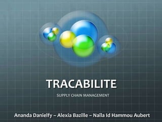 TRACABILITE
                 SUPPLY CHAIN MANAGEMENT




Ananda Danielfy – Alexia Bazille – Naïla Id Hammou Aubert
 