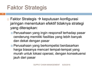 Faktor Strategis
 Faktor Strategis  keputusan konfigurasi
jaringan menentukan efektif tidaknya strategi
yang diterapkan:
 Perusahaan yang ingin responsif terhadap pasar
cenderung memiliki fasilitas yang lebih banyak
dan dekat dengan pasar
 Perusahaan yang berkompetisi berdasarkan
harga biasanya mencari tempat-tempat yang
murah untuk lokasi operasi, dengan konsekuensi
jauh dari pasar
6/25/2016SUPPLY CHAIN MANAGEMENT
11
 