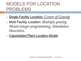 MODELS FOR LOCATION
PROBLEMS
 Single Facility Location: Center of Gravity
 Multi Facility Location: Multiple gravity,
Mixed integer programming, Simulation,
Heuristics.
 Capacitated Plant Location Model
6/25/2016SUPPLY CHAIN MANAGEMENT
27
 