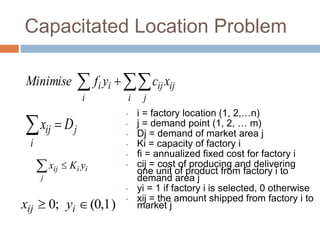 Capacitated Location Problem
• i = factory location (1, 2,…n)
• j = demand point (1, 2, … m)
• Dj = demand of market area j
• Ki = capacity of factory i
• fi = annualized fixed cost for factory i
• cij = cost of producing and delivering
one unit of product from factory i to
demand area j
• yi = 1 if factory i is selected, 0 otherwise
• xij = the amount shipped from factory i to
market j
 
i i j
ijijii xcyfMinimise
 
i
jij Dx
ii
j
ij yKx 
)(0,1;0  iij yx
 
