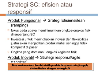 Strategi SC: efisien atau
responsif
Produk Fungsional  Srategi Efisiensi/lean
(ramping)
 fokus pada upaya meminimumkan ongkos-ongkos fisik
di sepanjang SC
 Investasi untuk meningkatkan inovasi dan fleksibilitas
justru akan menjadikan produk mahal sehingga tidak
kompetitif di pasar
 Ongkos yang dominan : ongkos kegiatan fisik
Produk Inovatif  Strategi responsif/agile
(tangkas)
 Ongkos yang dominan : ongkos mediasi pasar
Kesesuaian antara karakteristikprodukdengan strategi supply
chain disebut dengan strategic fit
Kesesuaian antara karakteristikprodukdengan strategi supply
chain disebut dengan strategic fit
 