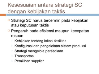 Kesesuaian antara strategi SC
dengan kebijakan taktis
 Strategi SC harus tercermin pada kebijakan
atau keputusan taktis
 Pengaruh pada efisiensi maupun kecepatan
respon
 Kebijakan tentang lokasi fasilitas
 Konfigurasi dan pengelolaan sistem produksi
 Strategi mengelola persediaan
 Transportasi
 Pemilihan supplier
 