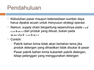 Pendahuluan
 Kebutuhan pasar maupun ketersediaan sumber daya
harus dipakai acuan untuk menyusun strategi operasi
 Namun, supply chain bergantung sepenuhnya pada e nd
custo m e r dari produk yang dibuat, bukan pada
im m e diate custo m e r
 Contoh:
 Pabrik bahan kimia tidak akan bertahan lama jika
produk detergen yang dihasilkan tidak disukai di pasar
 Pasar pabrik bahan kimia bukanlah pabrik detergen,
tetapi pelanggan yang menggunakan detergen
 