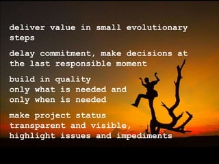 delivervalue in small evolutionarystepsdelay commitment, makedecisionsat the last responsible momentbuild in qualityonlywhatisneeded andonlywhenisneededmakeproject statustransparent and visible,highlightissues and impediments