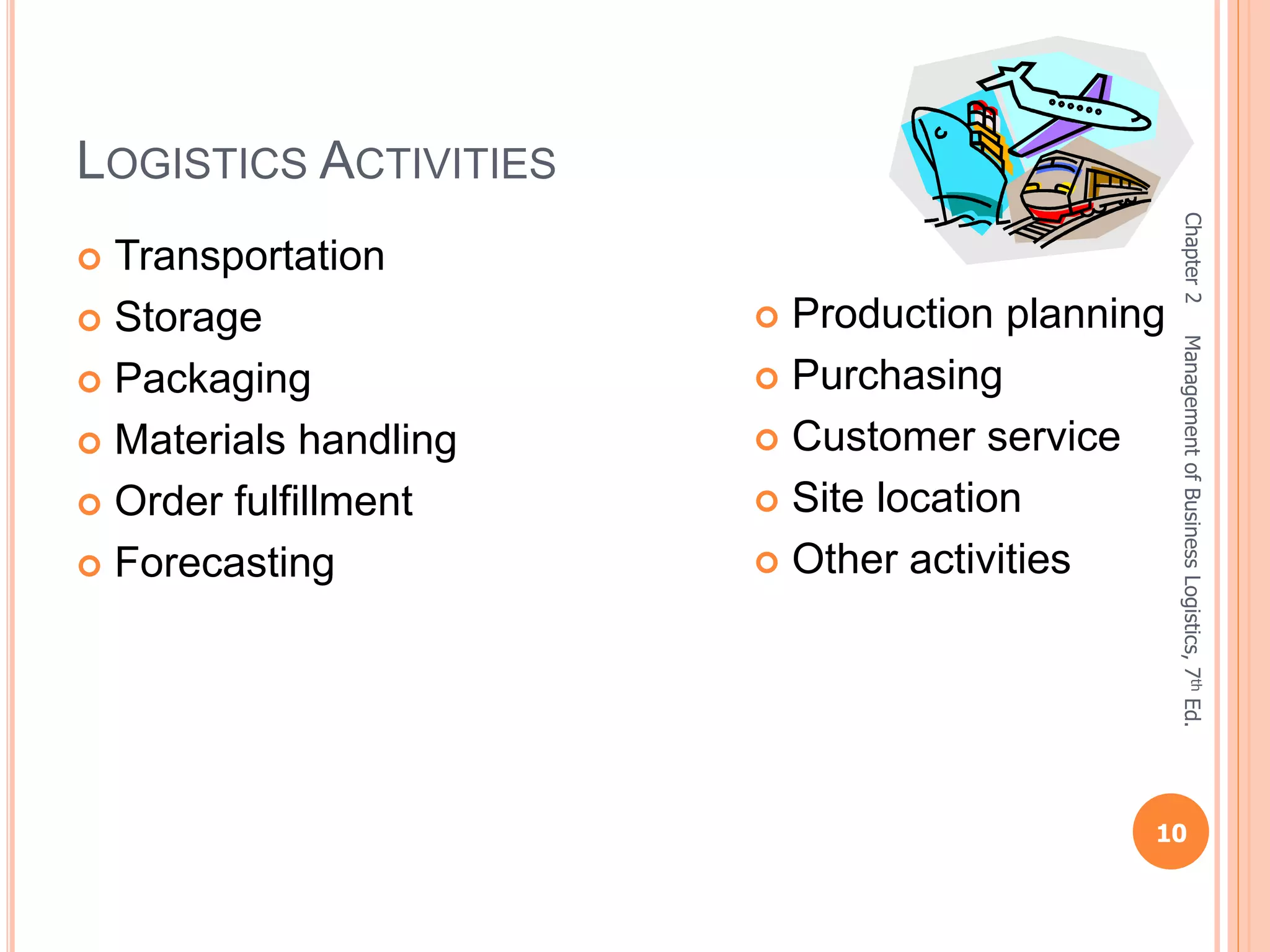 LOGISTICS ACTIVITIES
 Transportation
 Storage
 Packaging
 Materials handling
 Order fulfillment
 Forecasting
Chapter2
10
ManagementofBusinessLogistics,7thEd.
 Production planning
 Purchasing
 Customer service
 Site location
 Other activities
 