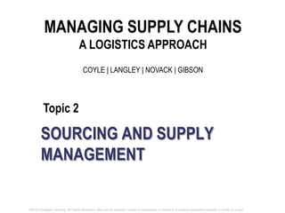 MANAGING SUPPLY CHAINS 
Topic 2 
A LOGISTICS APPROACH 
COYLE | LANGLEY | NOVACK | GIBSON 
SOURCING AND SUPPLY 
MANAGEMENT 
©2013 Cengage Learning. All Rights Reserved. May not be scanned, copied or duplicated, or posted to a publicly accessible website, in whole or in part. 
 