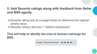5. Add Severity ratings along with feedback from Seller
and BSS agents.
➔Severity rating acts as a weight factor to determine the highest
priority issue.
➔Severity rating x bid size = “relative importance”
This will help to identify the area of domain trainings for
BSS.
Example: “Proposal takes too long” -
 