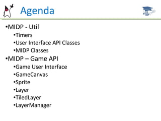 Agenda MIDP - Util Timers User Interface API Classes MIDP Classes MIDP – Game API Game User Interface GameCanvas Sprite Layer TiledLayer LayerManager 