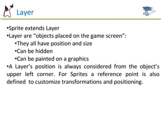 Layer Sprite extends Layer Layer are “objects placed on the game screen”: They all have position and size Can be hidden Can be painted on a graphics A Layer’s position is always considered from the object’s upper left corner. For Sprites a reference point is also defined  to customize transformations and positioning. 