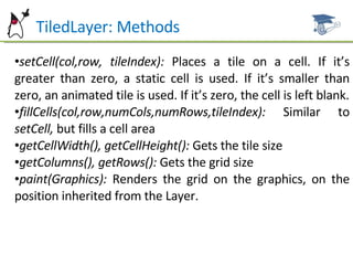 TiledLayer: Methods setCell(col,row, tileIndex):  Places a tile on a cell. If it’s greater than zero, a static cell is used. If it’s smaller than zero, an animated tile is used. If it’s zero, the cell is left blank. fillCells(col,row,numCols,numRows,tileIndex):  Similar to  setCell,  but fills a cell area getCellWidth(), getCellHeight():  Gets the tile size getColumns(), getRows():  Gets the grid size paint(Graphics):  Renders the grid on the graphics, on the position inherited from the Layer. 
