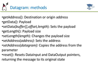 Datagram: methods getAddress(): Destination or origin address getData(): Payload setData( buffer[],offset,length ): Sets the payload getLength(): Payload size setLength( length ): Changes the payload size setAddress( address):  Sets the address setAddress( datagram):  Copies the address from the parameter reset(): Resets DataInput and DataOutput pointers, returning the message to its original state 