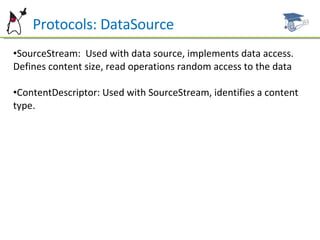 Protocols: DataSource SourceStream:  Used with data source, implements data access. Defines content size, read operations random access to the data ContentDescriptor: Used with SourceStream, identifies a content type. 