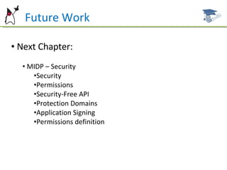 Future Work Next Chapter: MIDP – Security Security Permissions Security-Free API Protection Domains Application Signing Permissions definition 