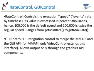 RateControl, GUIControl RateControl: Controls the execution “speed” (“events” rate by timebase). Its value is expressed in percent-thousands, hence, 100.000 is the default speed and 200.000 is twice the regular speed. Ranges from getMinRate() to getMaxRate(). GUIControl: UI-Integration control to merge the MMAPI and the GUI API (for MMAPI, only VideoControl extends this interface). Allows output only through the graphics API components. 