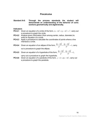 98 
Precalculus 
Standard A-6: Through the process standards the student will 
demonstrate an understanding of the behavior of conic 
sections geometrically and algebraically. 
Indicators 
PC-6.1 Given an equation of a circle of the form, (x − h)2 + (y − k)2 = r2 , carry out 
a procedure to graph the circle. 
PC-6.2 Analyze given information (from among center, radius, diameter) to 
write an equation of a circle. 
PC-6.3 Apply a procedure to calculate the coordinates of points where a line 
intersects a circle. 
PC-6.4 Given an equation of an ellipse of the form, 
(x − h)2 
a2 + (y − k)2 
b2 =1, carry 
out a procedure to graph the ellipse. 
PC-6.5 Given an equation of a hyperbola of the form, 
(x − h)2 
a2 − (y − k)2 
b2 = 1, 
carry out a procedure to graph the hyperbola. 
PC-6.6 Given an equation of a parabola of the form, y − k = a(x − h)2 , carry out 
a procedure to graph the parabola. 
Digitized by South Carolina State Library 
 