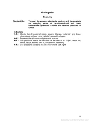 11 
Kindergarten 
Geometry 
Standard K-4: Through the process standards students will demonstrate 
an emerging sense of two-dimensional and three-dimensional 
geometric shapes and relative positions in 
space. 
Indicators 
K-4.1 Identify two-dimensional (circle, square, triangle, rectangle) and three-dimensional 
(sphere, cube, cylinder) geometric shapes. 
K-4.2 Represent two-dimensional geometric shapes. 
K-4.3 Use positional words to describe the location of an object. (near, far, 
below, above, beside, next to, across from, between). 
K-4.4 Use directional words to describe movement. (left, right) 
Digitized by South Carolina State Library 
 
