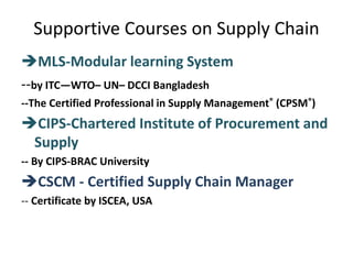 Supportive Courses on Supply Chain
MLS-Modular learning System
--by ITC—WTO– UN– DCCI Bangladesh
--The Certified Professional in Supply Management® (CPSM®)
CIPS-Chartered Institute of Procurement and
Supply
-- By CIPS-BRAC University
CSCM - Certified Supply Chain Manager
-- Certificate by ISCEA, USA
 